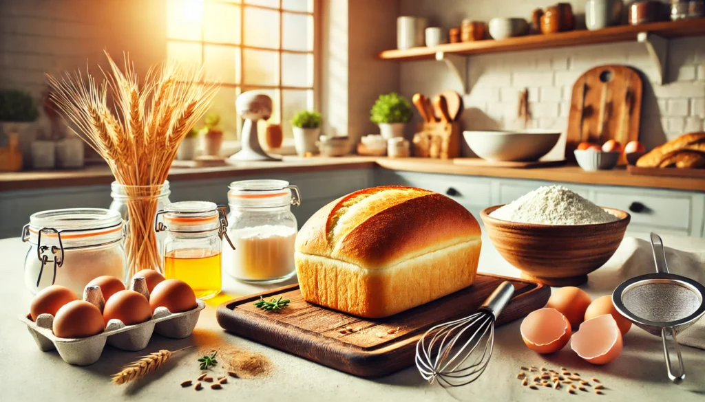 Freshly baked gluten free bread loaf on a wooden board with baking ingredients in the background, inspired by gluten-free bakery recipes.