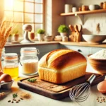 Freshly baked gluten free bread loaf on a wooden board with baking ingredients in the background, inspired by gluten-free bakery recipes.