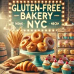 A cozy gluten free bakery in New York showcasing pastries like croissants, bagels, and cupcakes, with a warm and inviting atmosphere.